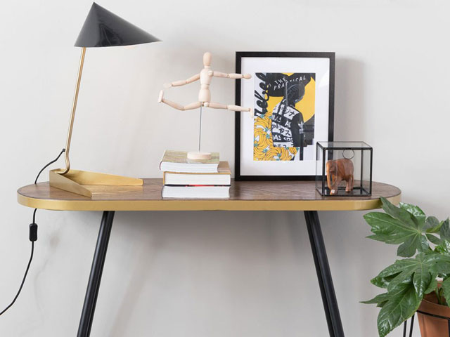 Retro console table with brass feet and wooden top from cuckooland.com