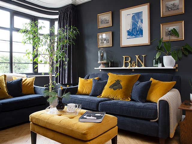 navy and yellow living room