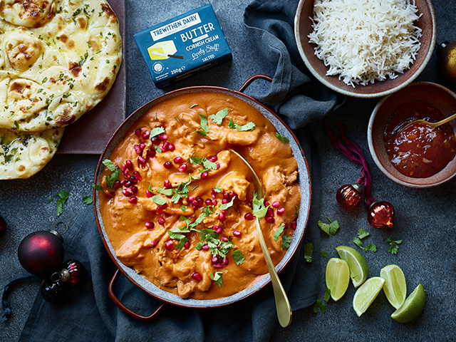 Trewithen Dairy's Butter Turkey Curry with rice, naan, and mango chutney- leftover turkey recipes - goodhomesmagazine.com