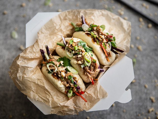 Jackfruit Hoisin Bao Buns in a take-away cardboard box