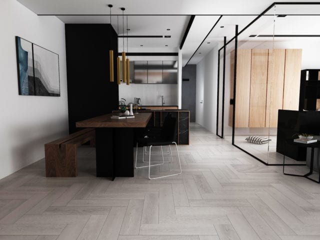 modern kitchen and dining room with dark furniture and herringbone floor