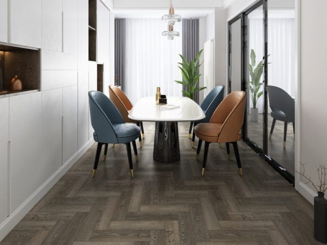 room with table, four chairs and herringbone floor