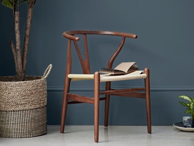 wooden chair next to large potted plant and blue wall