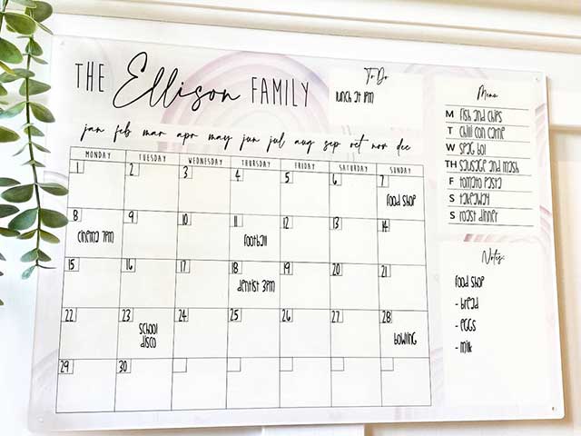 Family whiteboard organiser and calendar with plant