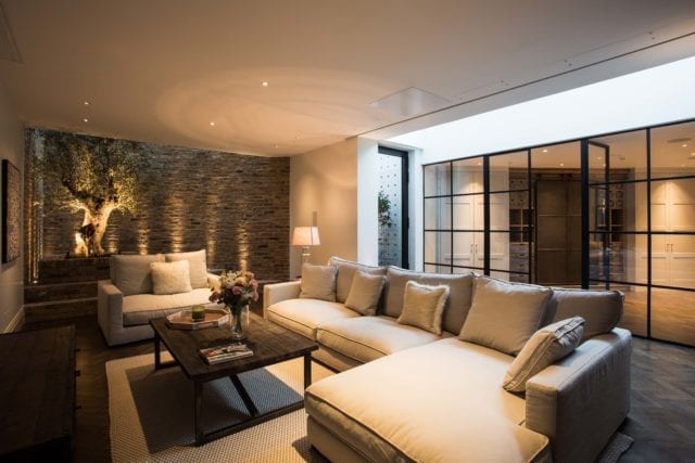 large living room with sofa, tree in corner and crittall-style doors and windows