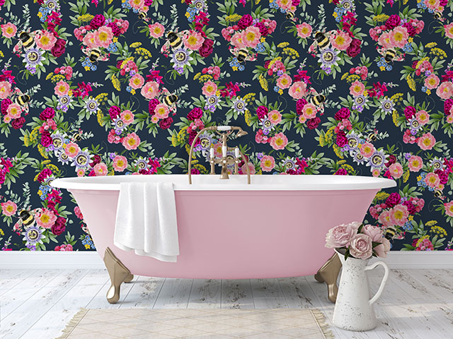 Feature wall bathroom trends floral bathroom wallpaper with pink bath