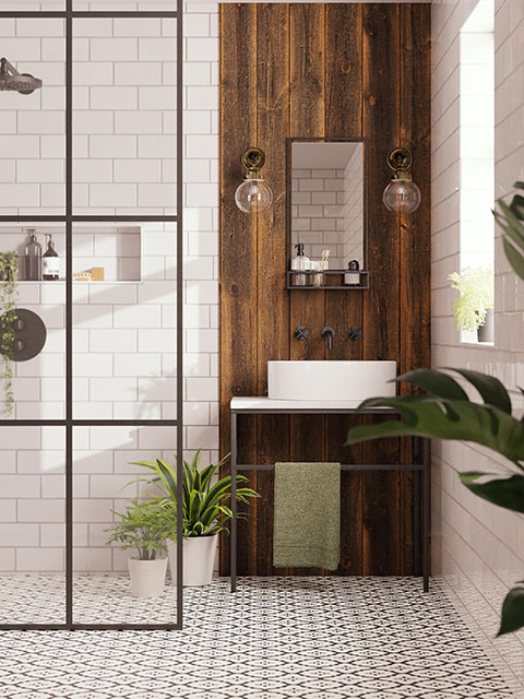 Monochrome shower room with tiled flooring and white tiles