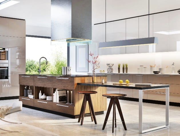 modern kitchen, island, table and stools