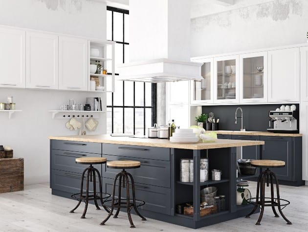 modern kitchen with island in black wood and crittall-style windows