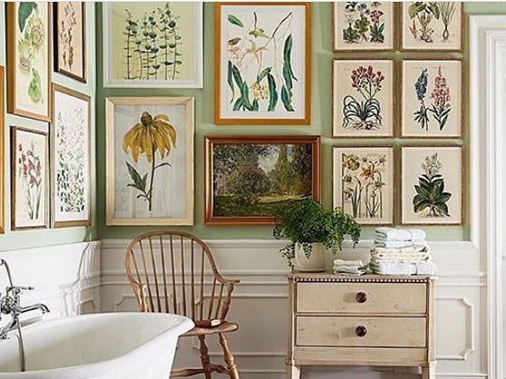 framed prints in bathroom, regencycore Bridgerton inspired interiors