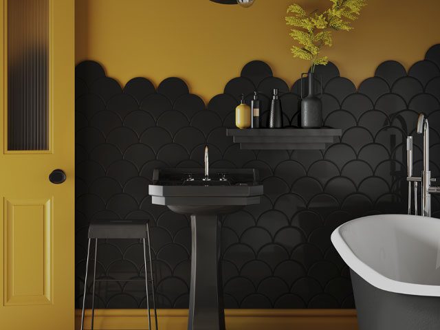 scallop-edge bathroom tiles in black by Verona