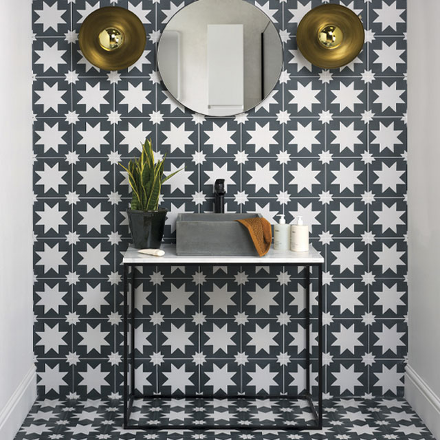star tiles on walls and floors in a contemporary bathroom 