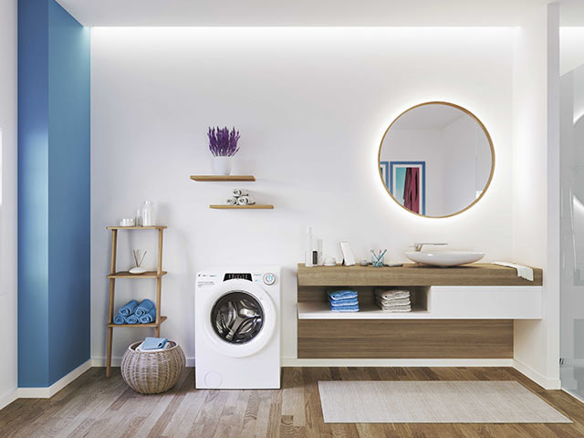 Colourful minimalist utility room with washing machines