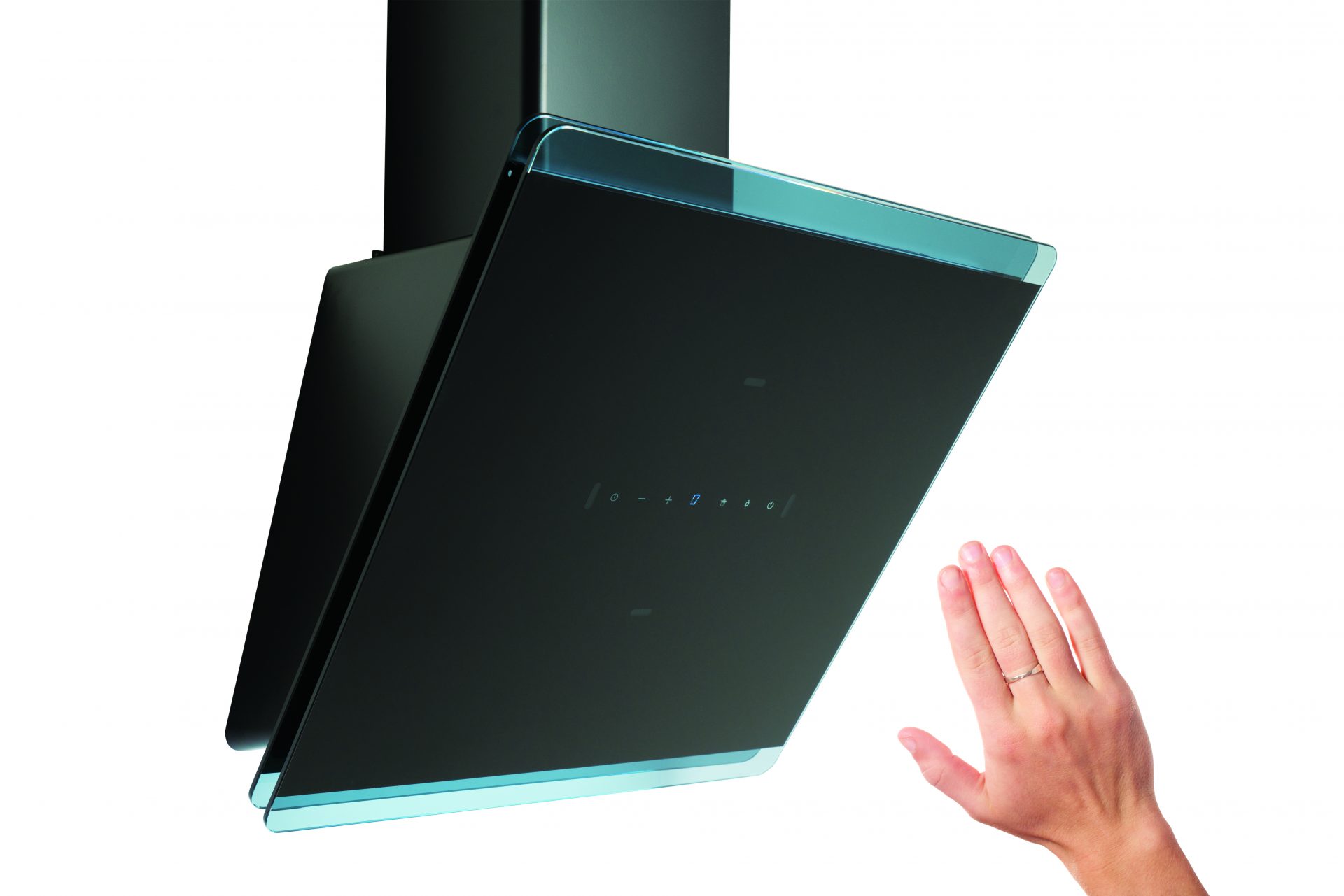 hand waving in front of sleek black glass CDA EXG60BL extractor seen from side angle