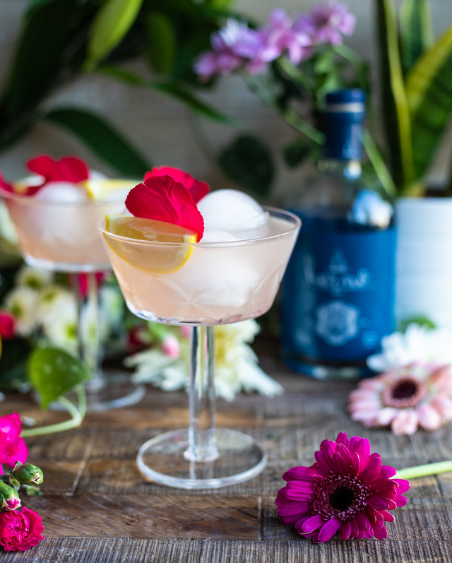 Gin fizz valentines cocktail with petals
