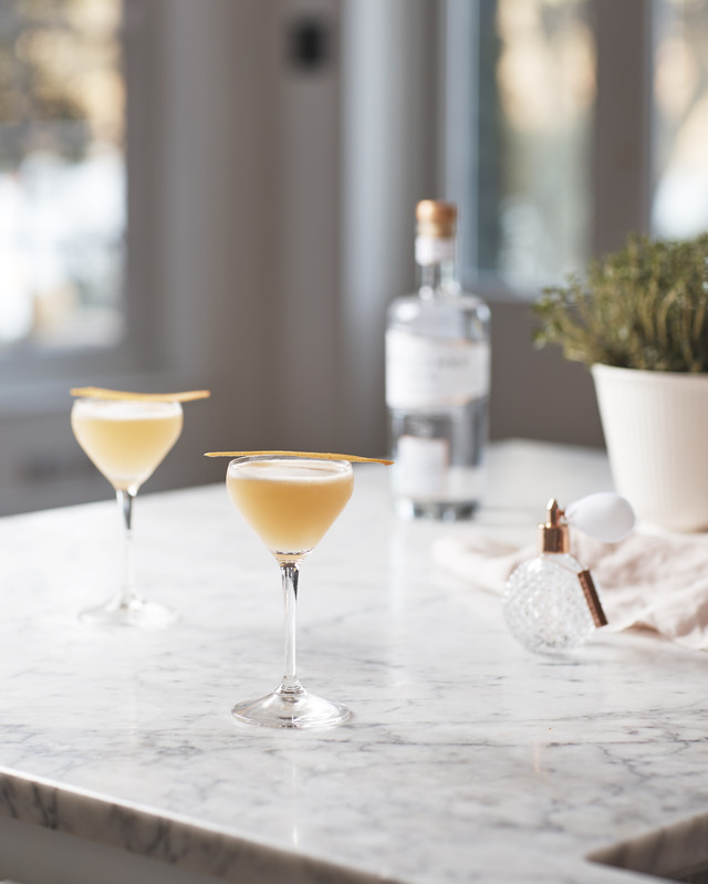 Gin cocktail on kitchen island