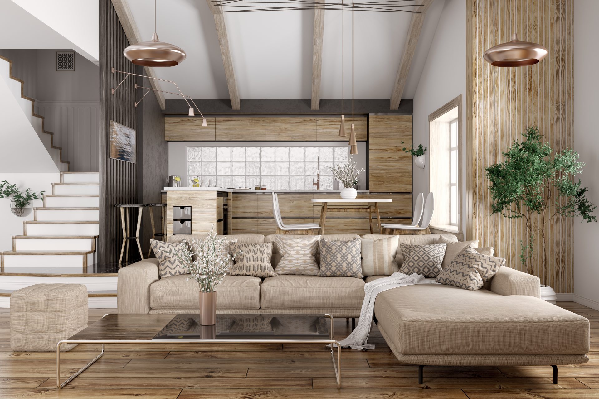 coffee table and l-shaped sofa with modern kitchen behind