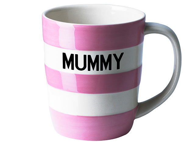 Pink and white mummy mug on white background