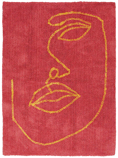 Red abstract face rug on white background