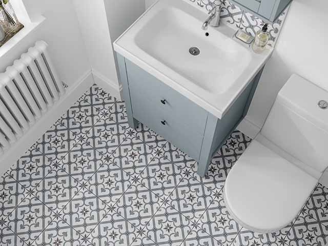 Small bathroom ideas, patterned flooring in small en-suite space, goodhomesmagazine.com