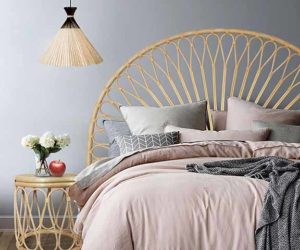 Adeline headboard with pink fabric duvet and side table, goodhomesmagazine.com