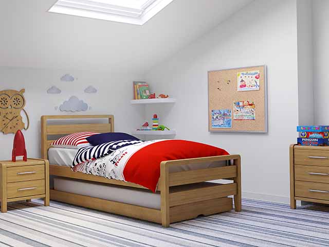 Wooden children's beds in loft room with sloping ceilings, goodhomesmagazine.com