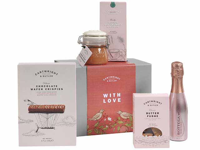 Cartwright and Butler Hug hamper, wafer chocolate biscuits, fizzy wine, fudge and honey, goodhomesmagazine.com