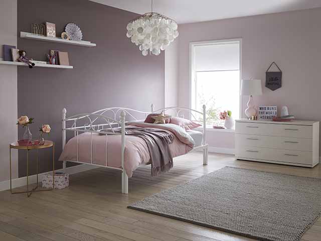 Dreams Kylie White Metal children's beds in pink bedroom with soft rug, goodhomesmagazine.com