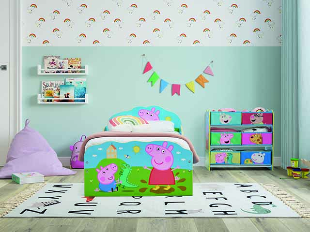 Peppa Pig kids bedroom with small bed, butting and storage, goodhomesmagazine.com