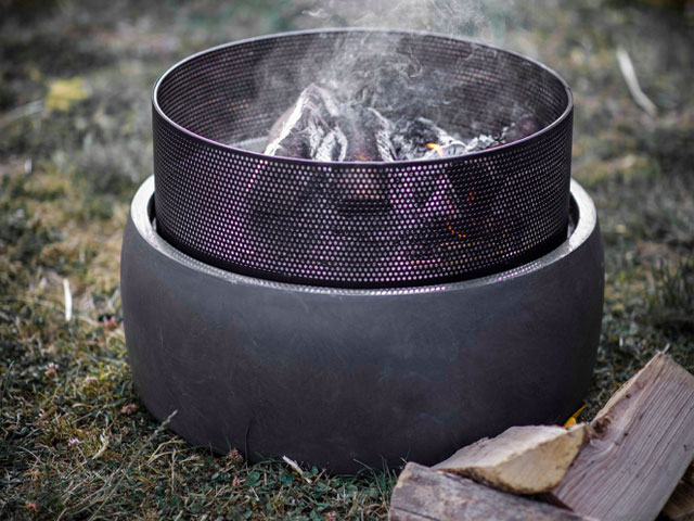 small contemporary outdoor log burner in grey fibre clay 
