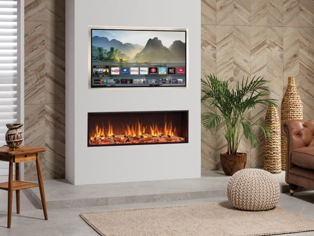 living room with brown leather sofa, rug and inset fireplace below TV screeneStudio 105R With Optional Silver Birch Fuel Effect shown with Optional Mood Lighting Kit