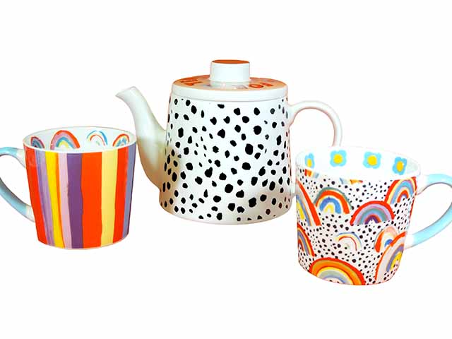 Colourful pattenred tea pot and mugs for afternoon tea, goodhomesmagazine.com