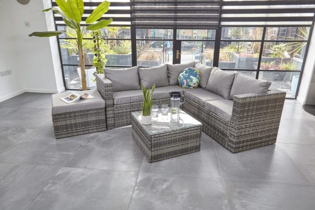 modern sitting room with steel frame windows and Furniture Maxi Vancouver 6-seater modular rattan sofa set in grey