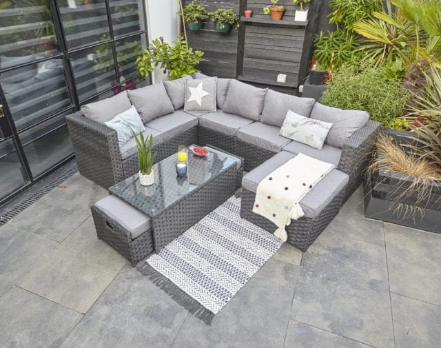 Outdoor patio with planters and Furniture Maxi Vancouver 9 seater corner rattan garden set in grey
