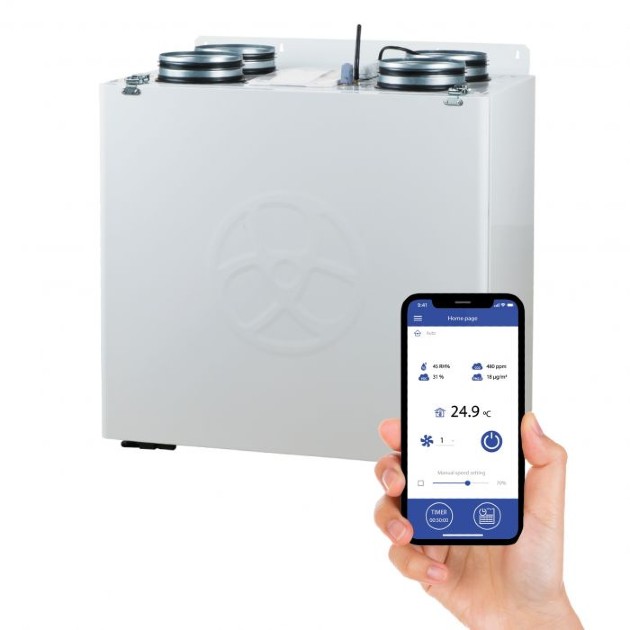 hand holding smartphone with app in front of ventilation unit