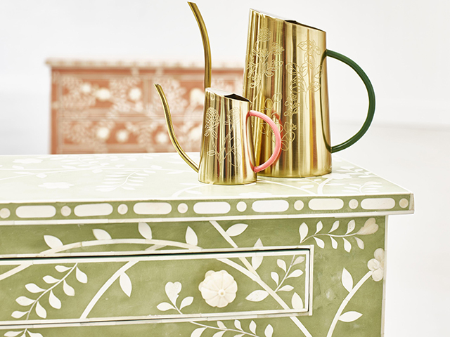 Gold & Coral Floral Etched Watering Can, Oliver Bonas | Good Homes Magazine