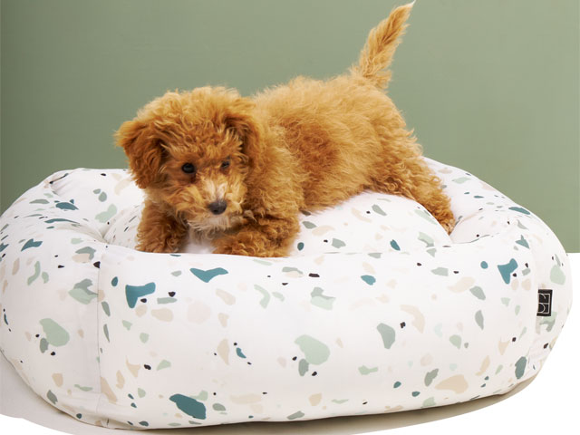 Sustainable dog bed in terrazzo print from Settle Beds