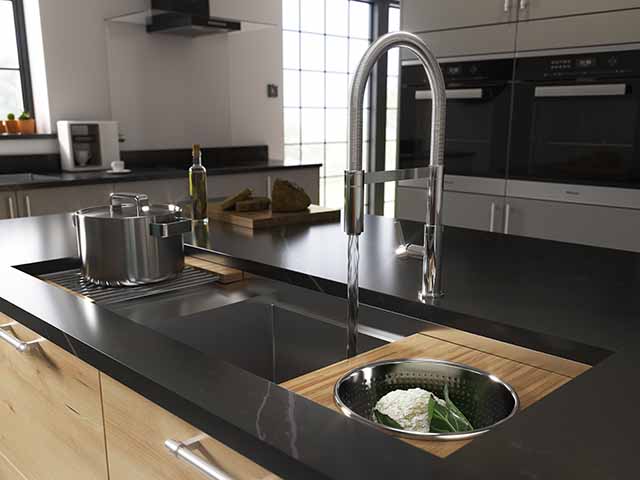 multipurpose stainless steel sink with built in bamboo colander holder or chopping board