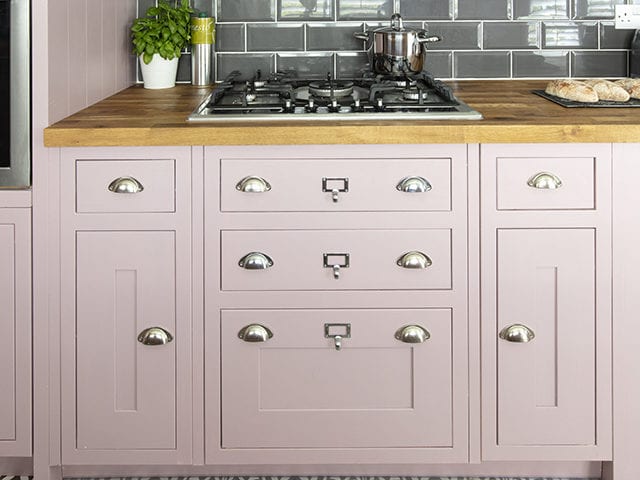 Annemarie Goodchild kitchen makeover with pink painted cabinets