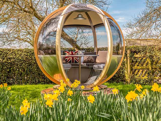 wood and glass garden pod on green grass with daffodils