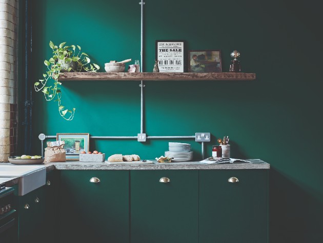 Interior of traditional kitchen with wooden flooring and shelf, plus walls and cabinetry painted in matching emerald paint colour