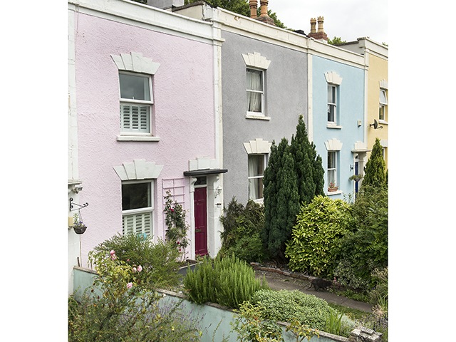 Exterior pastel shades with front garden plants, goodhomesmagazine.com