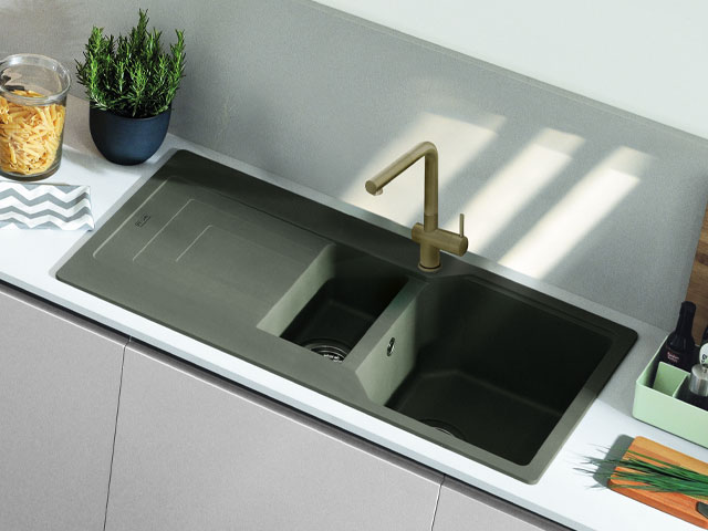 sage green easy-fit kitchen sink in Fragranite