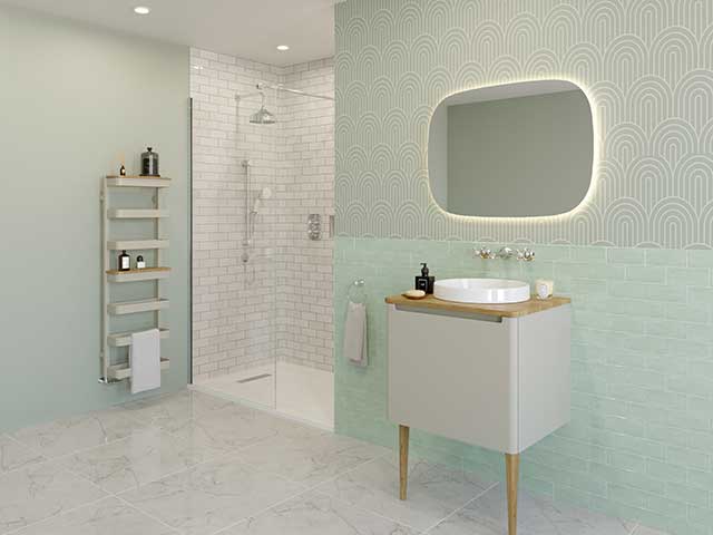 mint tiled bathroom with marble floor