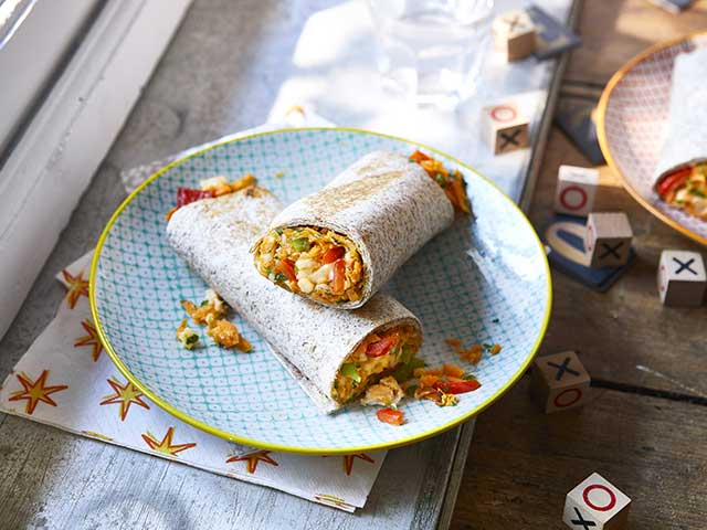 Two burrito wraps on a checked blue plate - Father's Day breakfasts - Goodhomesmagazine.com