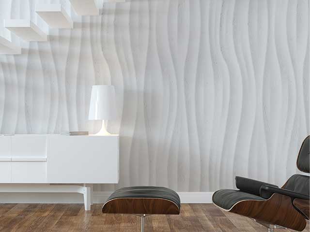 3D stone effect qhite wave wallpaper on a wall - Instagram wallpaper trends - Goodhomesmagazine.com
