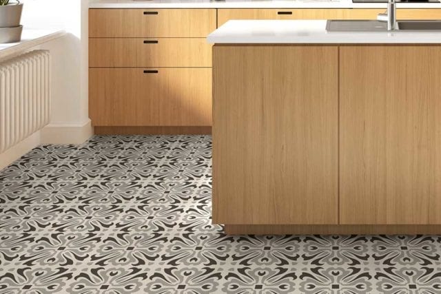 Encaustic patterned black and white floor tiles in a kitchen - small kitchen