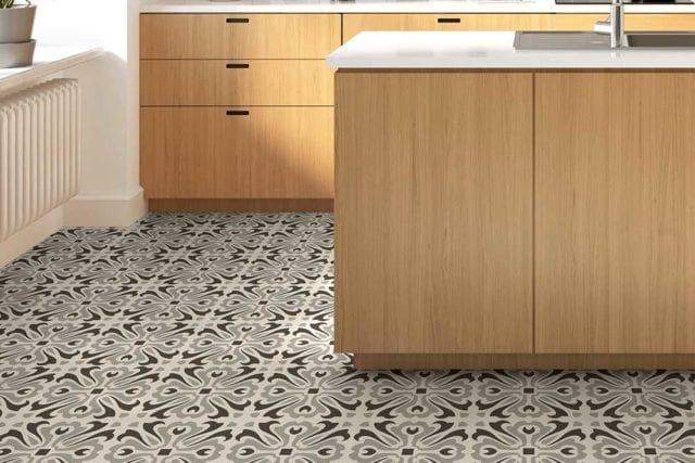 Encaustic patterned black and white floor tiles in a kitchen - small kitchen