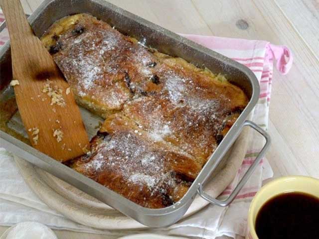 An oven dish filled with a chocolate croissant pudding - Father's Day breakfasts - Goodhomesmagazine.com