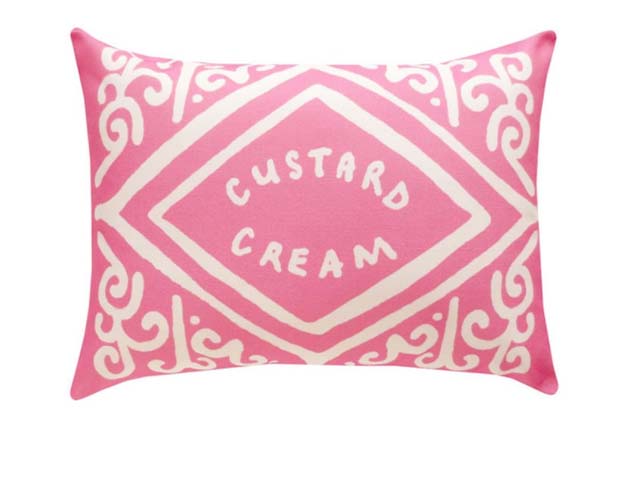 pink candyfloss statement pink custard cream shaped cushion, goodhomesmagazine.com